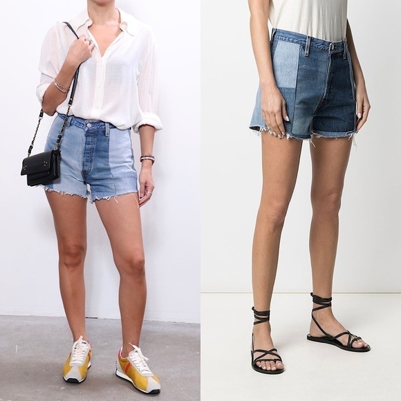 NWT RE/DONE X LEVIS High Waist 70s Patchwork Denim Raw Hem Cutoff Jean Shorts 26 - Picture 1 of 16